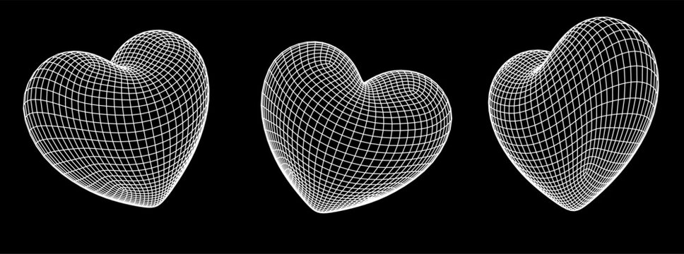 Set of 3D hearts made of wireframe on a dark background.