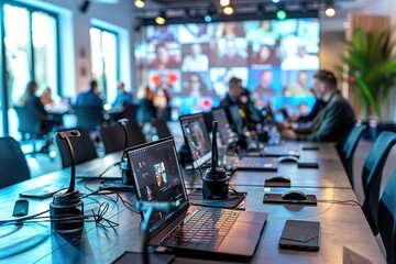 Modern conference room with digital meeting setup