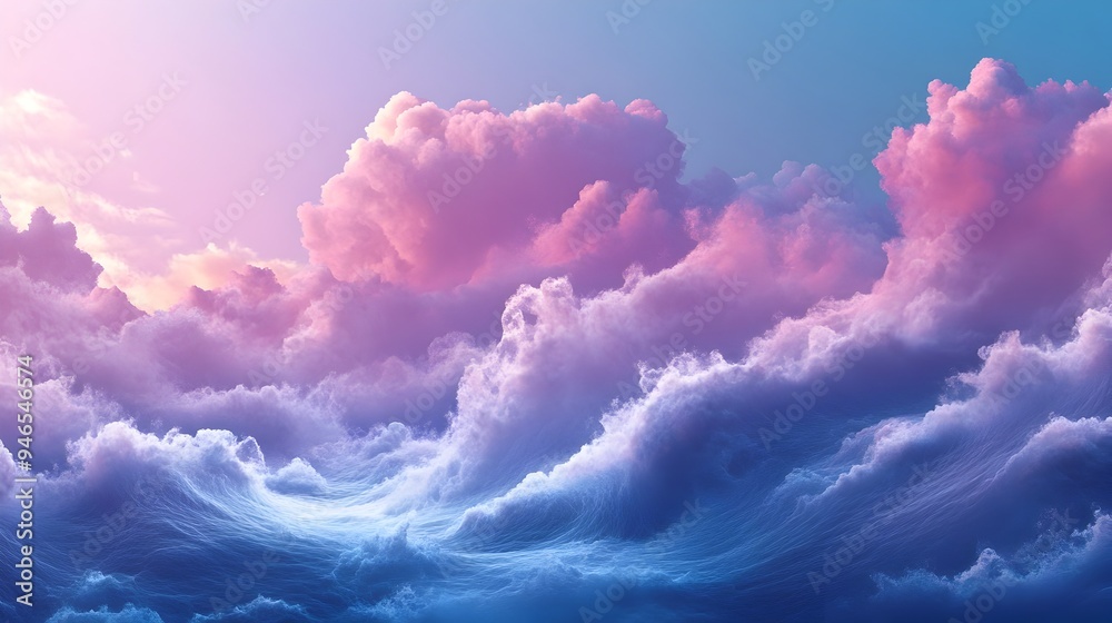 Poster conceptual image of wispy clouds merging into a seamless fluid wave pattern that spans across the sk