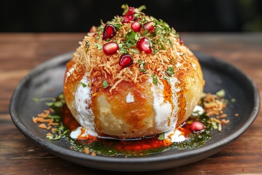 Vibrant Indian Raj Kachori with Yogurt and Chutneys: A Delectable Street Food Experience