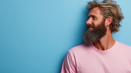Fototapeta premium The bearded man with grey hair, dressed in a pink shirt, appears to be turned slightly to the right, showing a thoughtful expression against a background of blue color.