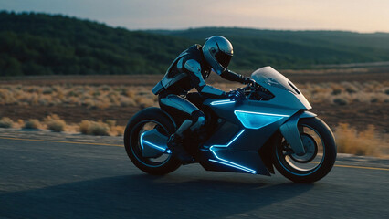 AI-Generated Art of a Futuristic Drone Motorcycle Soaring Above a Dense Landscape