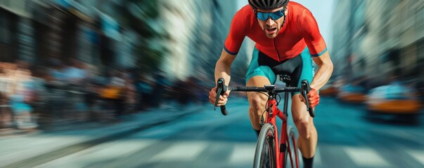 A cyclist sprinting toward the finish line in a vibrant city race, muscles straining and sweat flying, photorealistic, hyper-resolution, competitive and adrenaline-charged moment