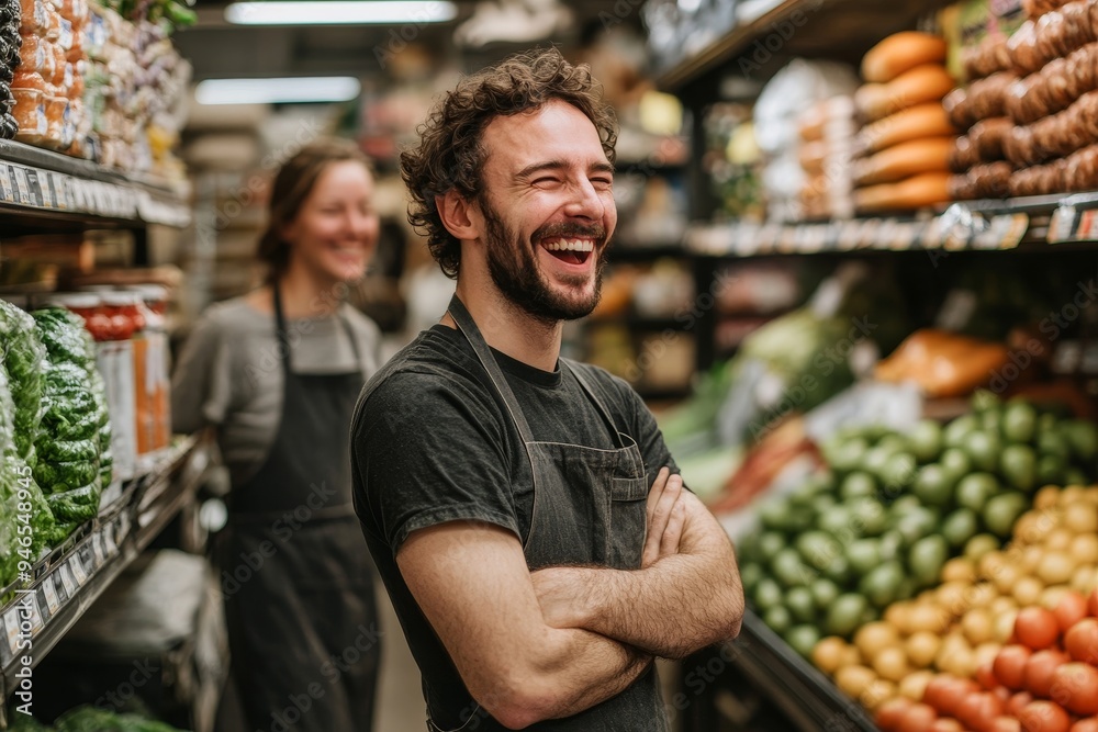 Wall mural grocery store workers laughing happily in their shop, generative ai