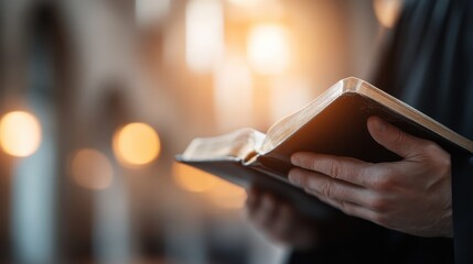 A person holds and reads a book, likely a Bible, in a church setting with soft lighting, emphasizing themes of spirituality, reflection, and inner peace.