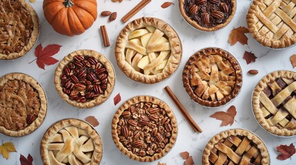 A flat lay featuring a selection of autumn pies, including apple, pecan, and pumpkin, with scattered cinnamon sticks and fallen leaves