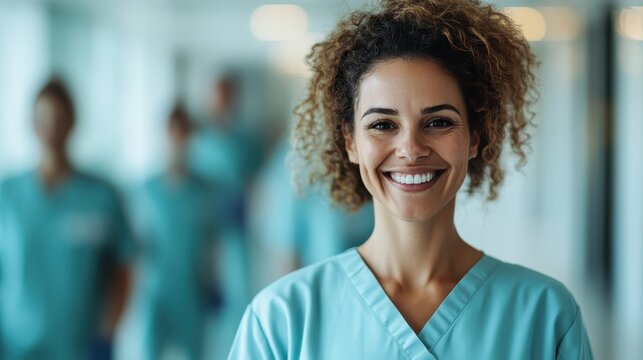 A healthcare professional with curly hair smiles radiantly in a hospital setting, surrounded by colleagues in scrubs, exuding warmth, reliability, and dedication to caregiving.
