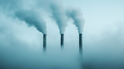 Three smokestacks rise through a heavy mist, expelling thick smoke into the air. The image signifies industrial impact on the environment and atmospheric pollution.