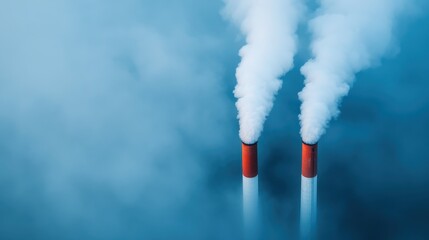Two towering smokestacks discharge dense white smoke into a misty blue atmosphere. The scene highlights industrial activity's environmental influence and air pollution.
