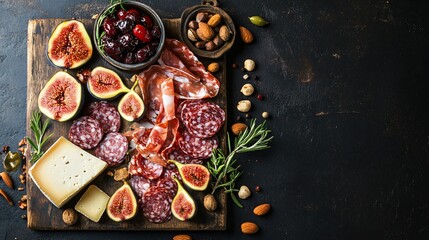 A flat lay of a charcuterie board with a selection of cured meats, cheeses, figs, nuts, and seasonal fruits on a dark, rustic surface