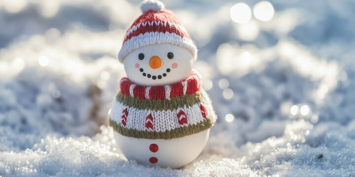 Fr&ouml;hlicher Schneemann mit buntem Schal und M&uuml;tze in verschneiter Winterlandschaft. Idyllische Szene mit schneebedeckten B&auml;umen. Nostalgisches Wintermotiv voller Charme