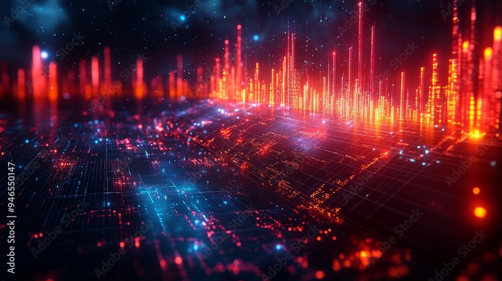 Poster colorful holographic displays illustrate complex data patterns, creating a dynamic atmosphere filled