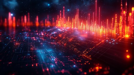 Fototapeta premium Colorful holographic displays illustrate complex data patterns, creating a dynamic atmosphere filled with digital energy and movement.