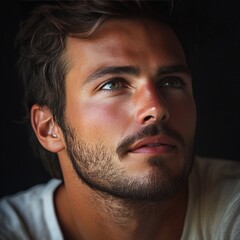 Obraz premium A young man gazes thoughtfully in soft lighting, showcasing his strong features and confident demeanor in a contemplative moment