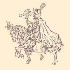 A knight in armor on an armored horse holds meat on a fork. Meat menu in a tavern, pub or bar. A medieval snack in the modern world.