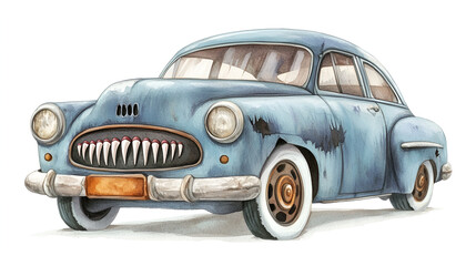 Vintage Watercolor Illustration of a Rusty Blue Car with Teeth