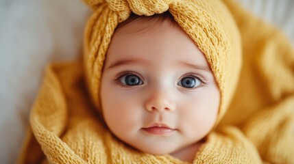 A charming baby girl with large blue eyes gazes at the camera, dressed in a yellow wrap and a matching headband, exuding warmth and innocence.