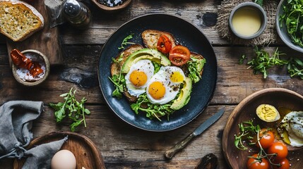 A flat lay of a cozy autumnal brunch, featuring avocado toast, poached eggs, and roasted tomatoes, on a rustic wooden table