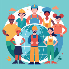 Adobe IllA vibrant flat design illustration celebrating Labor Day with a diverse group of workers and tool sustrator Artwork