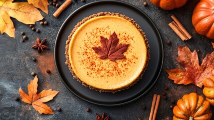 A flat lay of a festive fall dessert, featuring pumpkin cheesecake with a ginger snap crust, surrounded by autumn leaves and spices