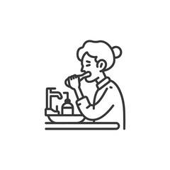 Line Art Illustration of a Person Brushing Their Teeth in a Bathroom