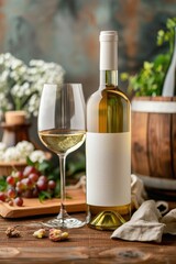 White Wine Bottle on a Table with White Flowers