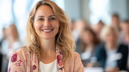 A smiling woman in a floral jacket attends a conference, contributing to a lively and engaging atmosphere while portraying professionalism and enthusiasm.
