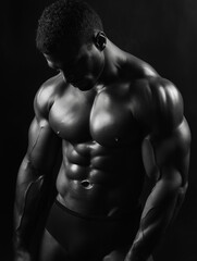 Fototapeta premium Muskulöser Bodybuilder posiert im dunklen Fotostudio. Dramatische Lowkey-Beleuchtung betont definierte Muskeln. Kraftvolle Silhouette vor schwarzem Hintergrund