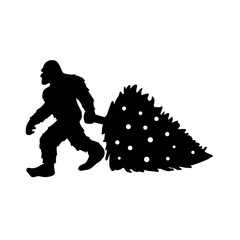 Fototapeta premium Bigfoot Silhouette Dragging Christmas Tree Vector Illustration
