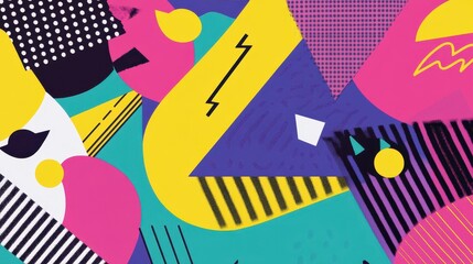 A dynamic composition showcases bold geometric shapes and a vibrant color palette, reflecting a playful and artistic design style