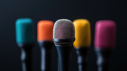 Five microphones in shades of teal, orange, yellow, pink, and blue, aligned in a row on a dark...