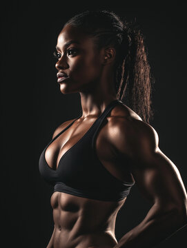 Muskul&ouml;se Bodybuilderin posiert im dunklen Fotostudio. Dramatische Lowkey-Beleuchtung betont definierte Muskeln. Kraftvolle Silhouette vor schwarzem Hintergrund