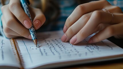 Closeup of Hands Writing in Notebook with Pen