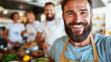 A joyful chef with a beard takes a selfie in a kitchen. Other kitchen staff are seen in the background, busy with food preparation. The environment is lively and bright.