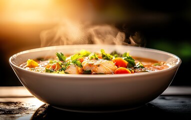 A vibrant bowl of Asam Pedas, rich red broth with chunks of fish, tomatoes, and okra, garnished with fresh herbs, steam rising, set against a traditional kitchen setting