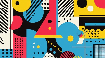 This graphic showcases a dynamic arrangement of colorful geometric shapes and patterns, reflecting retro design aesthetics