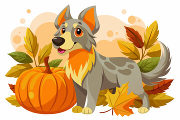 Autumn, dog with pumpkin, watercolor clipart illustration with isolated background.
