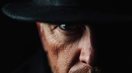 A detailed close-up of a person wearing a black hat, capturing part of their face in a dark and enigmatic setting, emphasizing shadow and mystery.
