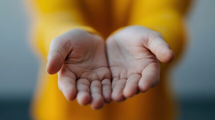 A close-up image of open gently cupped hands held out by a person in a yellow garment, capturing the essence of giving and human connection.