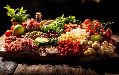 Australian bush tucker platter with native ingredients like finger lime, quandong, and wattleseed bread, shot on a rustic wooden table under natural sunlight