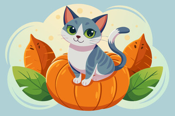 Cat sitting on a pumpkin, watercolor clipart illustration with isolated background.

