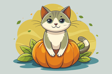 Cat sitting on a pumpkin, watercolor clipart illustration with isolated background.
