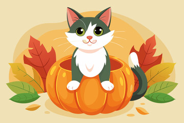 Cat sitting on a pumpkin, watercolor clipart illustration with isolated background.
