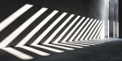 Fototapeta premium Sunlight casts sharp diagonal shadows on a smooth concrete surface, highlighting the minimalist architecture of the interior