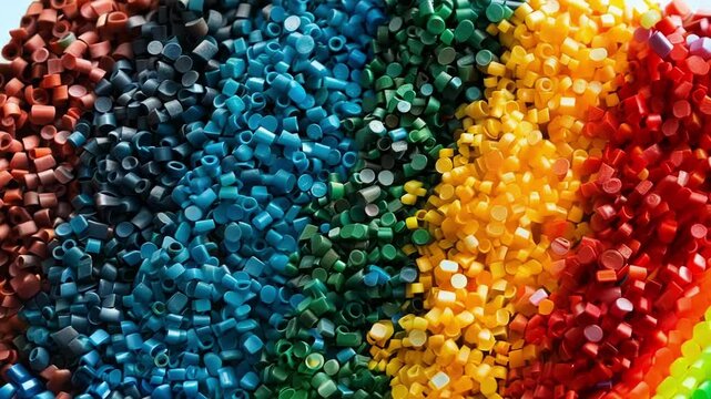 Colorful plastic granules arranged in a rainbow pattern, showcasing the vibrant hues of raw materials used in innovative manufacturing processes