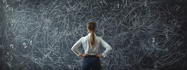 "Person Contemplating Complex Problem on Chalkboard"
