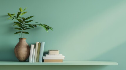 light green minimalist shelf with books and plants, perfect background with empty space for creative projects or web graphics