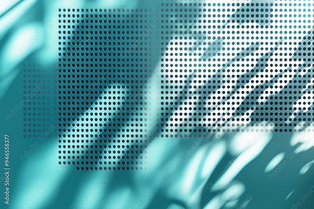 Poster Soft sunlight filters through leaves, creating intricate shadow patterns on a turquoise wall covered with small perforations in an aesthetic display