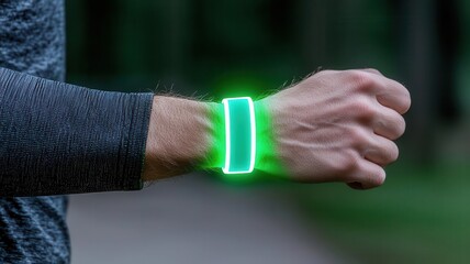 Fototapeta premium A luminescent wristband glowing brightly on a runner's arm in a dark park, photorealistic, hyper-resolution, safety meets style in the night