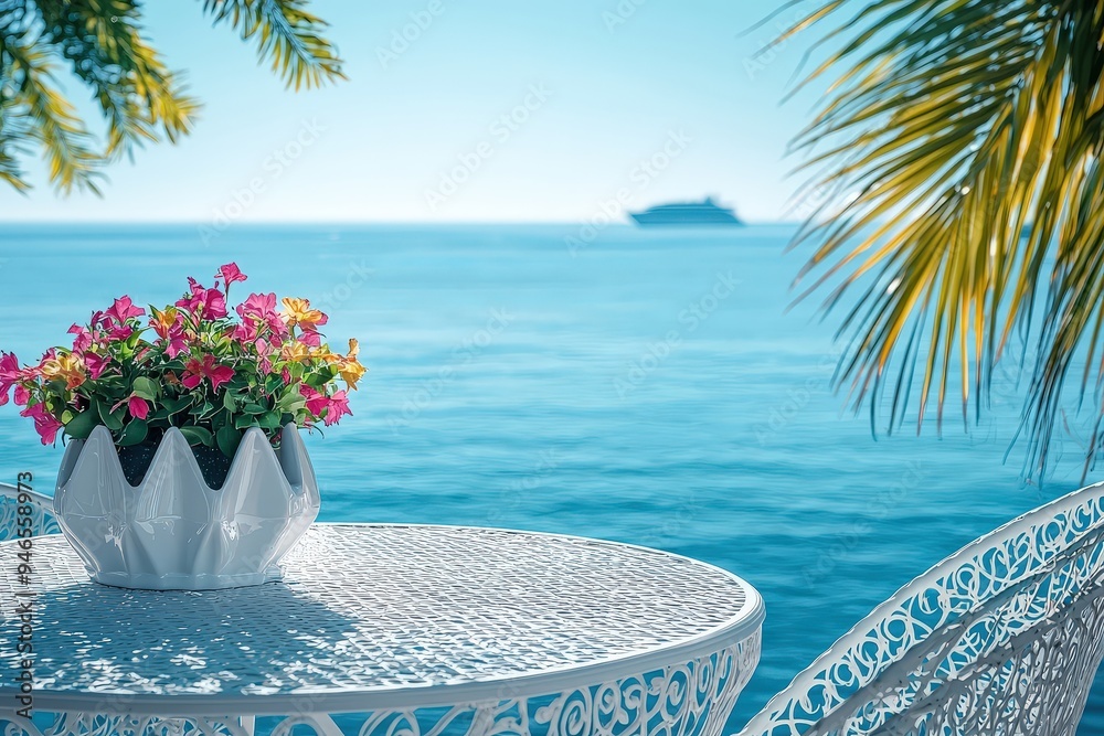 Poster a serene coastal setting showcases a flower pot filled with colorful blooms resting on a white table